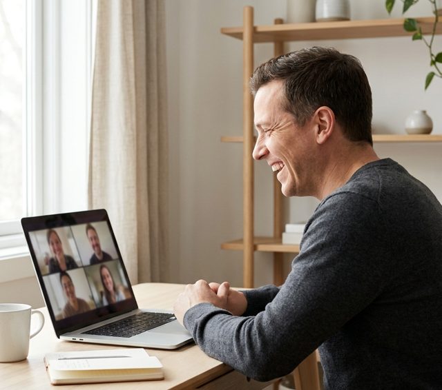 A man laughing on a video call with his coworkers