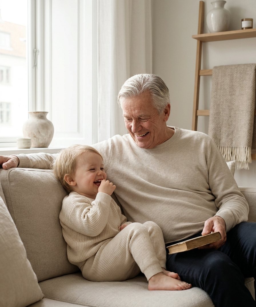 A grandfather and his grandchild laughing together
