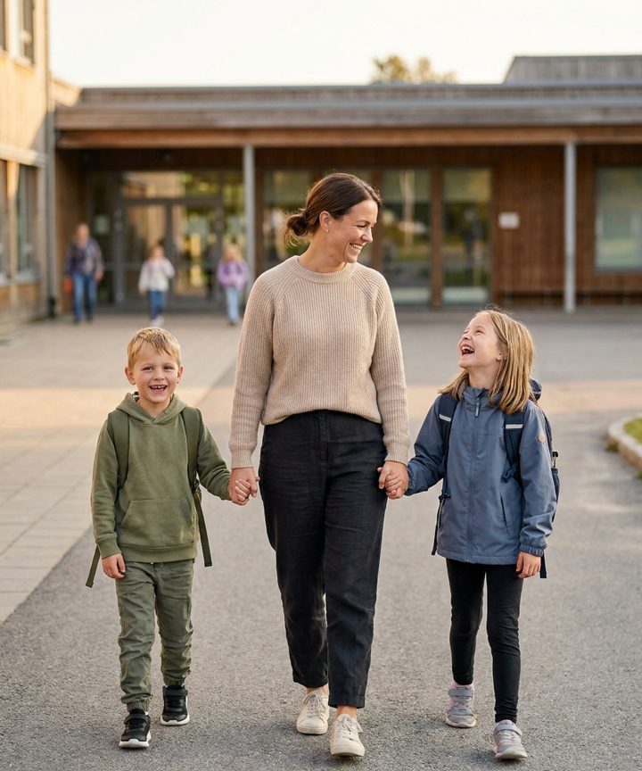 A mother and her two kids laughing on the way home from school