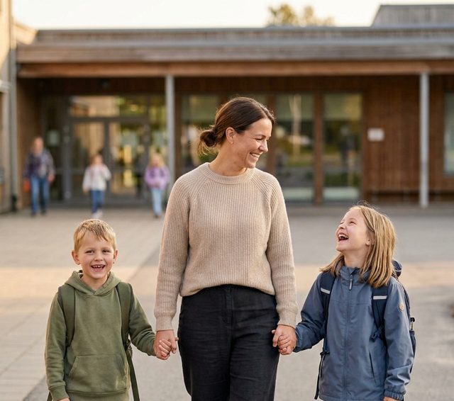 A mother walking out of school with her two laughing children